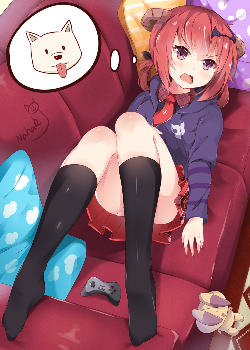 1girl :3 artist_name bat_hair_ornament black_legwear cloud_print collared_shirt controller couch cross_print demon_girl demon_horns dog eyebrows_visible_through_hair fang from_above full_body gabriel_dropout game_controller hair_between_eyes hair_ornament hair_rings highres hood hoodie horns kneehighs kurumizawa_satanichia_mcdowell long_sleeves lying necktie on_back open_mouth orange_hair panties pillow pink_eyes pleated_skirt red_necktie red_skirt shirt short_necktie signature sin-poi skirt solo stuffed_animal stuffed_bunny stuffed_toy thought_bubble tongue tongue_out underwear white_panties wing_collar |_|