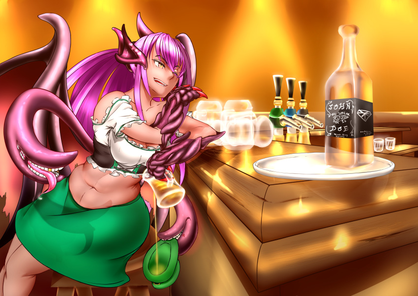 1girl absurdres alternate_costume bar bar_maid beer beer_mug belly breasts claws cleavage dark_skin dragon_girl dress drunk elakan extra_mouth female gold_tooth green_dress heart highres holding_beer horns jabberwock_(monster_girl_encyclopedia) large_breasts monster_girl monster_girl_encyclopedia navel open_mouth plump purple_hair solo thighs tongue tongue_out torn_wings wings