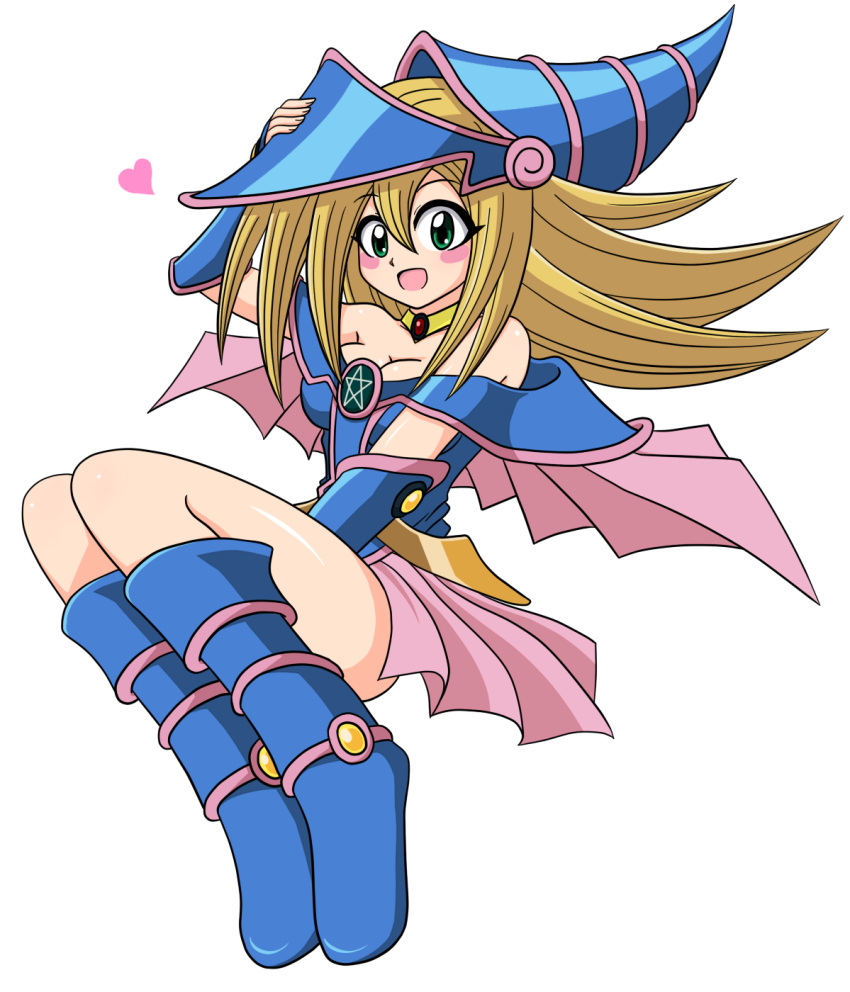 1girl bare_shoulders blonde_hair boots dark_magician_girl duel_monster female gloves hat legs long_hair looking_at_viewer magical_girl shiny shiny_skin skirt smile solo wizard_hat yu-gi-oh!