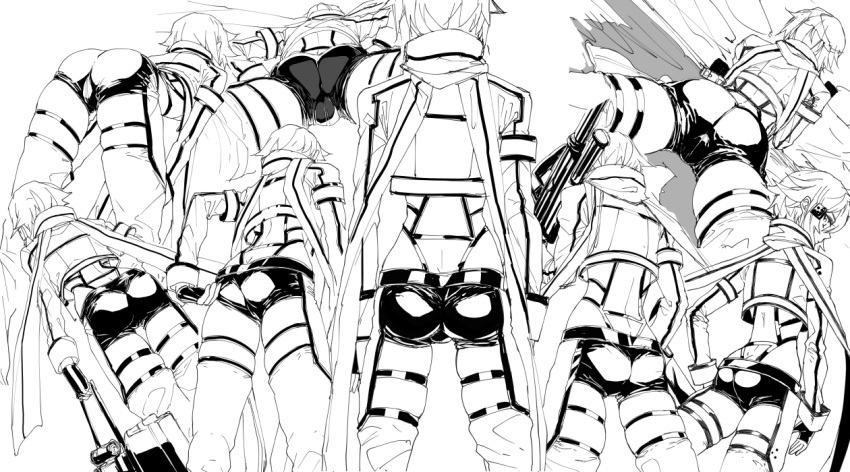 1girl ass back bent_over butt_crack character_sheet gun jacket looking_at_viewer lying monochrome on_stomach rifle s_tanly scarf shinon_(sao) shorts simple_background sniper_rifle solo sword_art_online thigh-highs weapon white_background