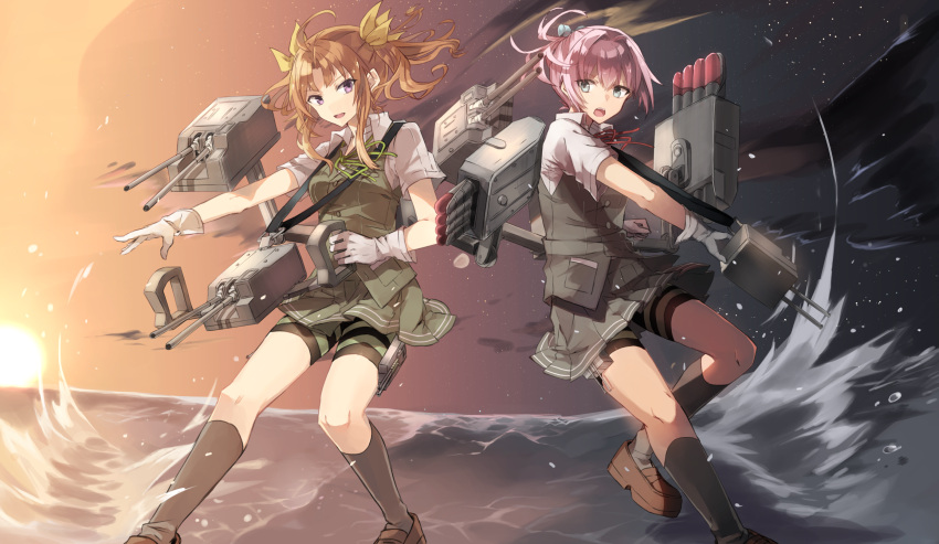 2girls ahoge bike_shorts blouse blue_eyes brown_hair buttons chibirisu gloves green_ribbon green_skirt green_vest grey_skirt grey_vest hair_ornament hair_ribbon highres kagerou_(kantai_collection) kantai_collection loafers long_hair looking_at_viewer looking_to_the_side machinery multiple_girls neck_ribbon night night_sky ocean one_leg_raised open_mouth outdoors pink_hair pleated_skirt pocket ponytail red_ribbon ribbon school_uniform shiranui_(kantai_collection) shoes short_sleeves shorts_under_skirt sidelocks skirt sky standing standing_on_liquid star_(sky) sun sunrise twintails vest violet_eyes water white_blouse white_gloves yellow_ribbon