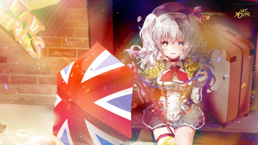 1girl :d bangs beret black_hat blue_eyes blue_ribbon blurry breasts brick_wall buttons cowboy_shot depth_of_field double-breasted epaulettes flag_print frilled_sleeves frills from_above gloves hair_ornament hat heco_(mama) highres holding jacket kantai_collection kashima_(kantai_collection) leg_ribbon light_particles long_sleeves looking_at_viewer medium_breasts miniskirt open_mouth pleated_skirt ribbon shade sidelocks silver_hair sitting skirt smile solo striped suitcase thigh_strap twintails umbrella union_jack wavy_hair