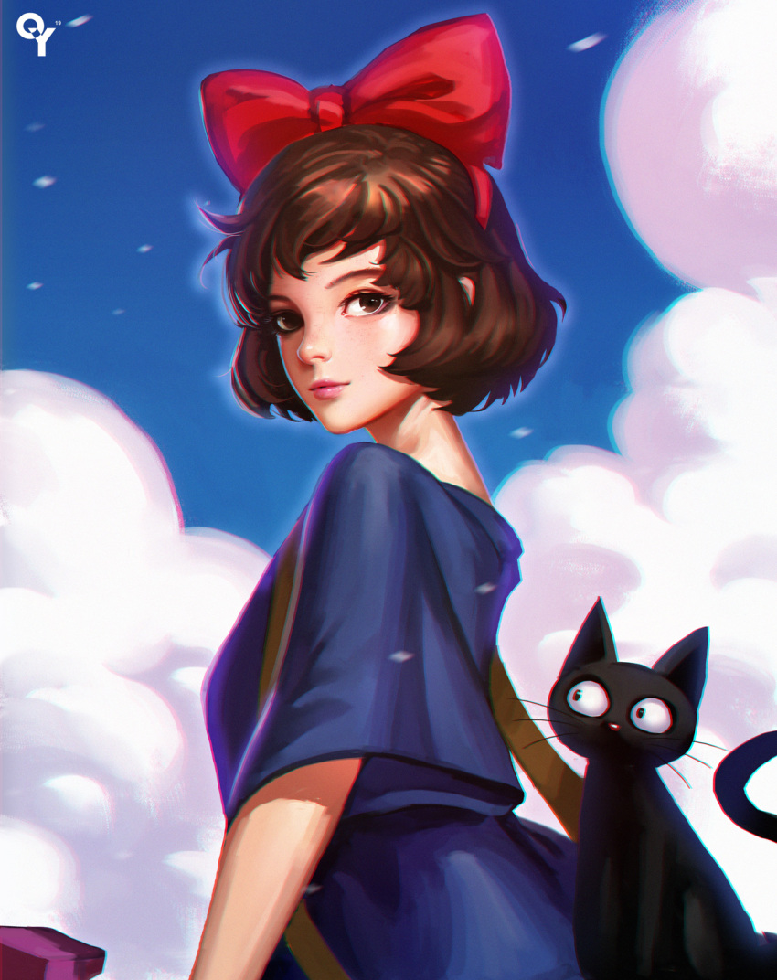 1girl 80s black_cat blue_dress blue_sky bow breasts brown_eyes brown_hair cat chromatic_aberration closed_mouth clouds day dress eyebrows from_side hair_bow highres kiki large_bow liang_xing liangxing light_smile lips lipstick looking_at_viewer looking_to_the_side majo_no_takkyuubin makeup nose outdoors pink_lips pink_lipstick red_bow short_hair short_sleeves sky small_breasts solo studio_ghibli upper_body wide_sleeves witch