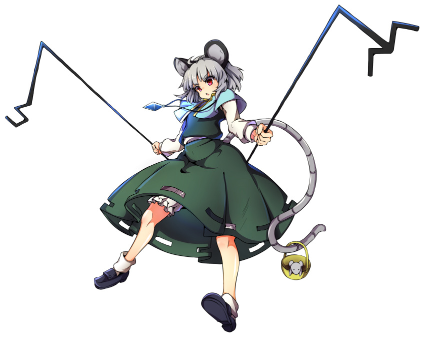 1girl :o absurdres animal_ears baba_(baba_seimaijo) basket bloomers capelet commentary_request dowsing_rod full_body green_shirt green_skirt grey_hair highres jewelry long_sleeves mouse mouse_ears mouse_tail nazrin pendant red_eyes shirt skirt skirt_set solo tail touhou transparent_background tsurime underwear