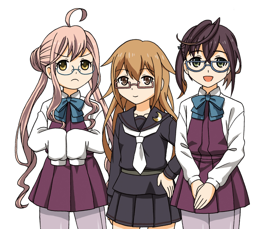 &gt;:( 3girls :d ahoge bow bowtie brown_eyes brown_hair commentary_request double_bun glasses green_eyes highres hoshino_banchou kantai_collection long_hair looking_at_viewer makigumo_(kantai_collection) mochizuki_(kantai_collection) multiple_girls okinami_(kantai_collection) one_side_up open_mouth pantyhose pink_hair pleated_skirt school_uniform serafuku skirt sleeves_past_wrists smile trait_connection twintails v_arms