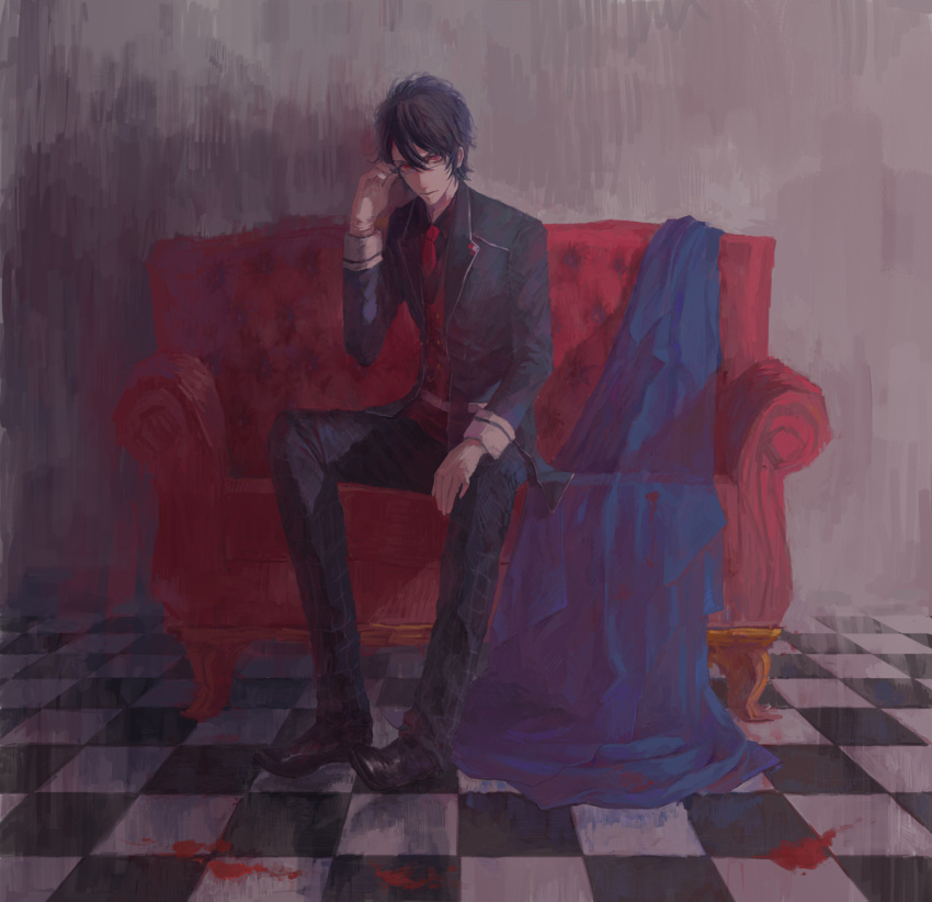 1boy adjusting_glasses belt black_hair blood checkered checkered_floor closed_mouth collared_shirt couch diabolik_lovers full_body glasses indoors jacket looking_at_viewer male_focus necktie red_eyes sakamaki_reiji school_uniform sitting solo uniform xipann