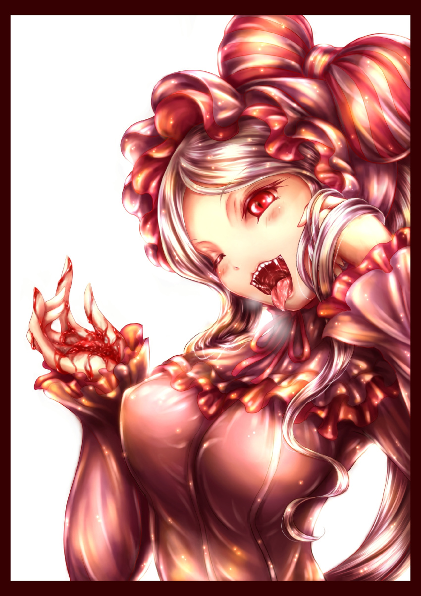 1girl blood blush breasts fang frills grey_hair hat long_hair one_eye_closed open_mouth overlord_(maruyama) ponytail red_eyes ribbon shalltear_bloodfallen solo vampire yunomoto_chihiro