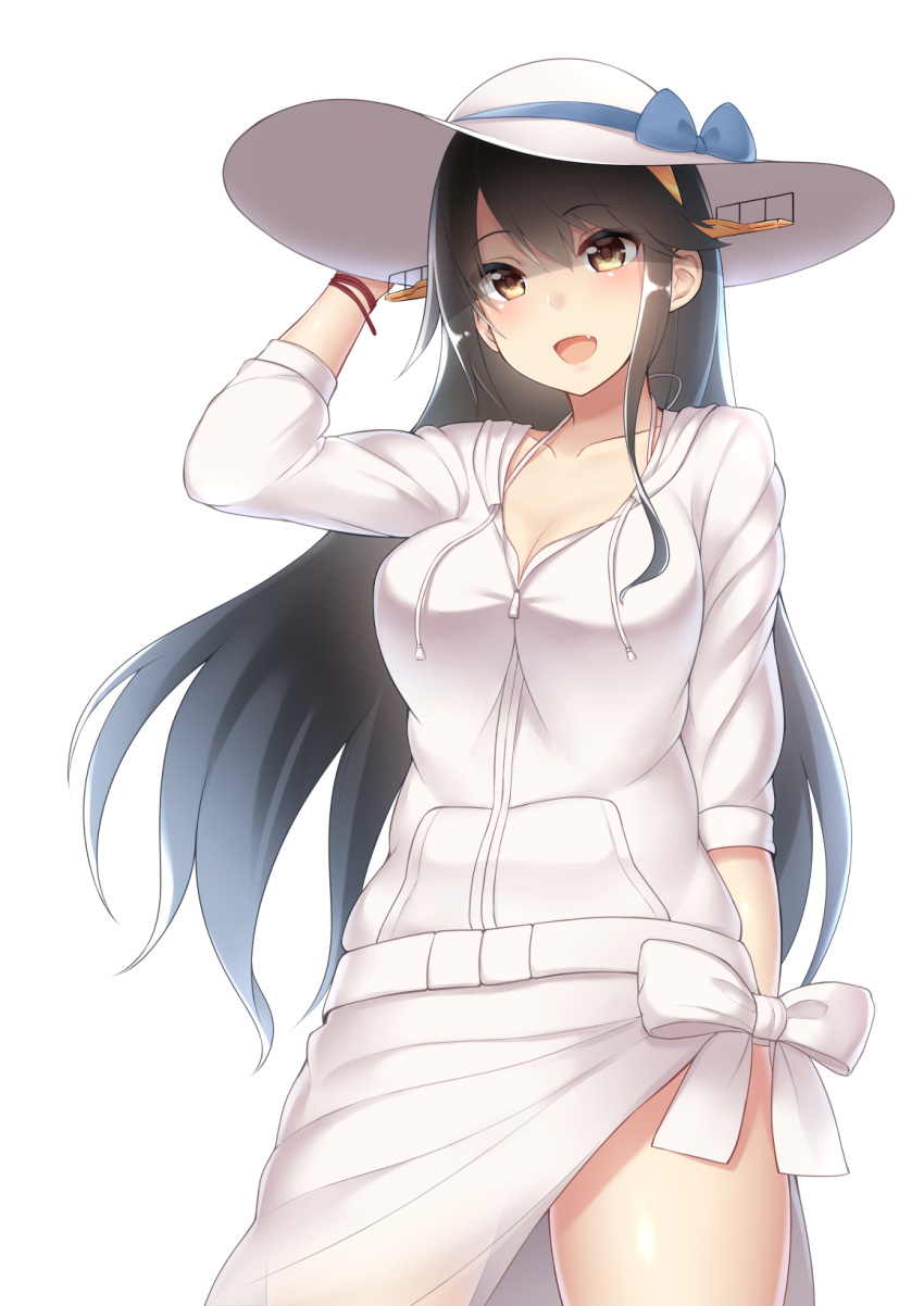 1girl :d alternate_costume arm_up bikini black_hair blue_ribbon breasts cleavage collarbone cossory eyebrows eyebrows_visible_through_hair fang hand_on_headwear haruna_(kantai_collection) hat headgear highres hood hoodie jacket kantai_collection large_breasts long_hair long_sleeves md5_mismatch open_mouth remodel_(kantai_collection) ribbon sarong simple_background smile solo sun_hat swimsuit white_background white_bikini white_hat white_jacket white_ribbon yellow_eyes zipper