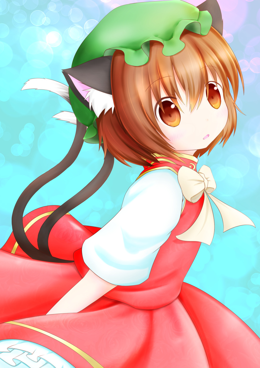 1girl absurdres animal_ears bow bowtie brown_eyes brown_hair cat_ears cat_tail chen hat highres looking_at_viewer mob_cap multiple_tails parted_lips short_hair solo tail touhou uru_(uru0301)