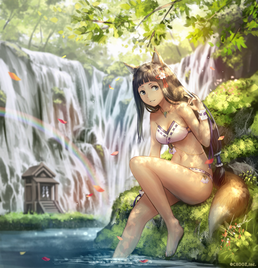 1girl anbe_yoshirou animal_ears arm_at_side bandeau bangs bare_arms bare_legs bare_shoulders barefoot bikini blue_eyes blunt_bangs breasts brown_eyes brown_hair building dappled_sunlight flat_chest flower fox_ears fox_tail full_body hair_flower hair_ornament hair_ribbon highres jewelry long_hair low-tied_long_hair medium_breasts moss necklace official_art plant rainbow red_ribbon ribbon river shinma_x_keishou!_ragnabreak shore shrine soaking_feet solo strapless sunlight swimsuit tail tassel tied_hair tree very_long_hair water waterfall white_bikini white_flower wrist_cuffs