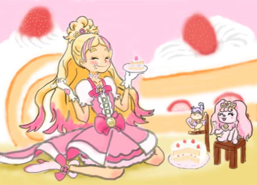 1girl aroma_(go!_princess_precure) artist_request blonde_hair boots closed_eyes cure_flora female food gloves go!_princess_precure haruno_haruka kneeling long_hair precure puff_(go!_princess_precure) smile white_boots white_gloves