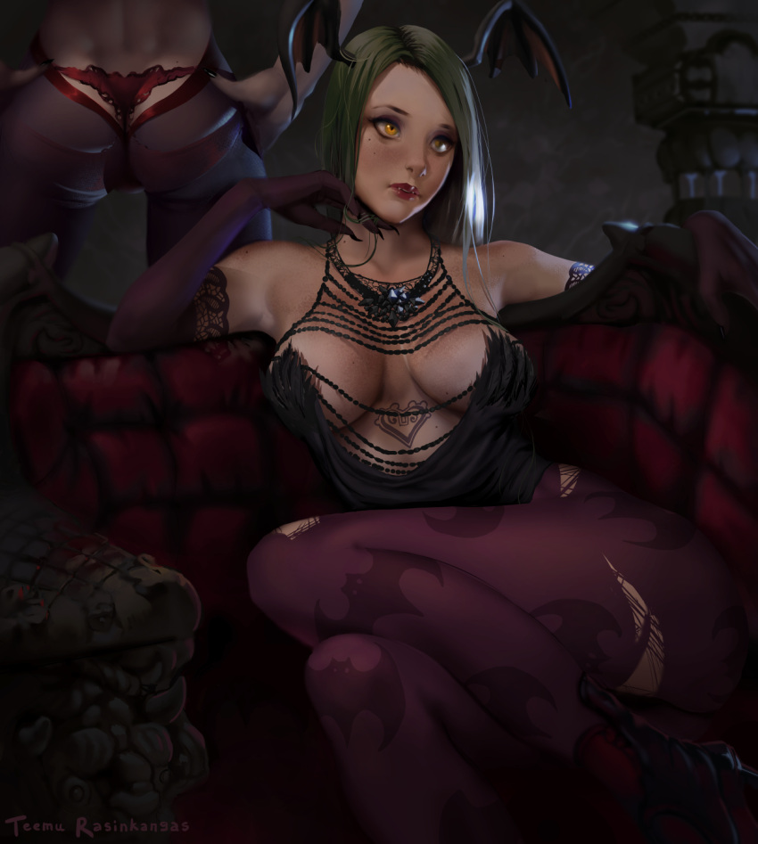2girls ass bat_print breasts collarbone couch elbow_gloves gloves green_hair hand_on_own_chin head_wings highres jewelry large_breasts lilith_aensland lipstick looking_up makeup morrigan_aensland multiple_girls necklace panties pantyhose print_legwear red_lipstick short_hair sitting teemu_rasinkangas torn_clothes torn_pantyhose underwear vampire_(game) yellow_eyes