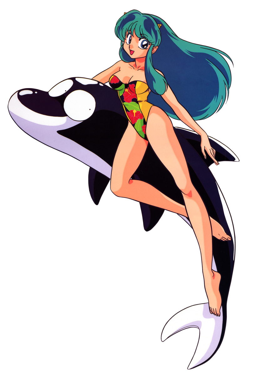 1girl barefoot blue_eyes dolphin feet floral_print full_body highres horns long_hair long_legs looking_at_viewer lum one-piece_swimsuit oni open_mouth simple_background solo swimsuit toes transparent_background urusei_yatsura white_background
