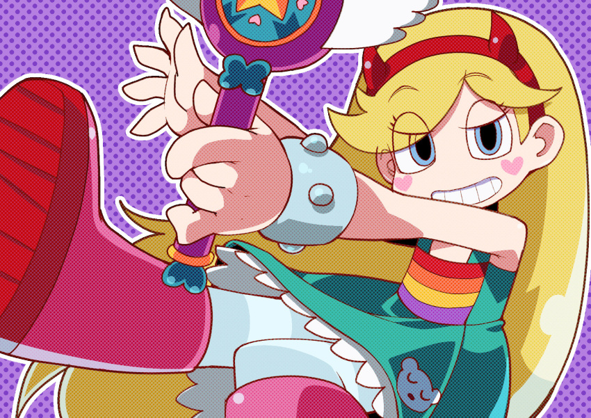 1girl boots child disney dress eyebrows eyebrows_visible_through_hair hair_ornament heart holding long_hair looking_at_viewer solo star_butterfly star_vs_the_forces_of_evil very_long_hair wand zankuro