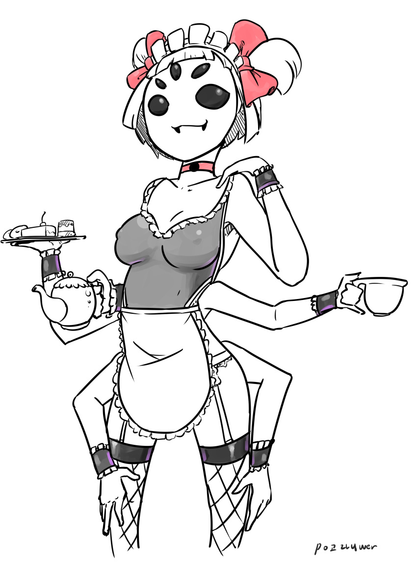 1girl apron breasts choker extra_arms extra_eyes fangs female maid maid_headdress monochrome muffet solo spider_girl spot_color teapot thigh-highs undertale underwear white_background
