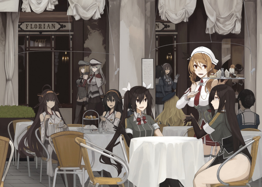 6+girls :d ahoge arms_at_sides ashigara_(kantai_collection) atago_(kantai_collection) bare_shoulders beret bismarck_(kantai_collection) black_eyes black_gloves black_hair black_legwear black_necktie black_skirt blonde_hair blue_hat breasts bush cafe capelet chikuma_(kantai_collection) collared_shirt cup elbow_gloves gloves graf_zeppelin_(kantai_collection) green_shirt grey_hat haguro_(kantai_collection) hair_between_eyes hair_ribbon haruna_(kantai_collection) hat headgear highres holding holding_cup holding_tray japanese_clothes kantai_collection kimono kongou_(kantai_collection) large_breasts littorio_(kantai_collection) loincloth long_hair medium_breasts mikoto_(oi_plus) muffin multiple_girls myoukou_(kantai_collection) necktie nontraditional_miko open_mouth pantyhose peaked_cap plant pleated_skirt potted_plant profile red_gloves red_necktie red_ribbon ribbon ribbon-trimmed_legwear ribbon_trim roma_(kantai_collection) saucer shirt sign silver_hair single_elbow_glove single_glove sitting skirt sleeveless sleeveless_kimono sleeveless_shirt slice_of_cake smile standing sweets table tablecloth takao_(kantai_collection) teacup thighs tone_(kantai_collection) tray twintails underbust very_long_hair walking white_hat white_legwear white_ribbon white_shirt wing_collar