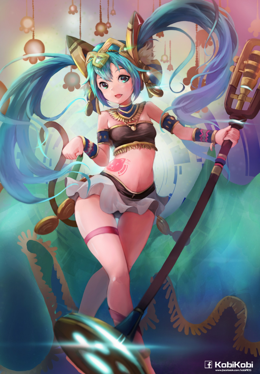 1girl absurdres aqua_eyes aqua_hair armlet bastet_(p&amp;d) cat_tail fang garters hatsune_miku highres long_hair looking_at_viewer microphone microphone_stand midriff navel open_mouth paw_pose piliheros2000 puzzle_&amp;_dragons solo tail tattoo thigh_gap twintails very_long_hair vocaloid