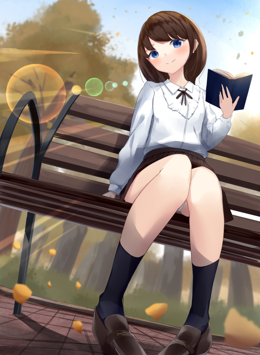 1girl absurdres akinakesu-chan autumn_leaves bangs black_legwear black_skirt blue_eyes book brown_footwear brown_hair brown_ribbon closed_mouth collared_shirt commission day dress_shirt eyebrows_visible_through_hair hand_up head_tilt highres holding holding_book loafers looking_at_viewer neck_ribbon on_bench open_book original outdoors panties petals pleated_skirt ribbon shirt shoes sitting skirt smile socks solo underwear white_panties white_shirt