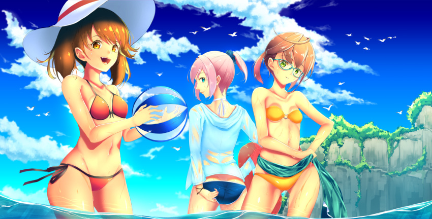 3girls :d adjusting_clothes adjusting_swimsuit alternate_costume ball beachball bikini bird blue-framed_eyewear blue_eyes bracelet breasts brown_eyes brown_hair cliff clouds cloudy_sky collarbone commentary_request eyebrows eyebrows_visible_through_hair fang from_behind from_below glasses green_eyes hair_ornament hair_scrunchie hairclip hand_on_hip hat highres holding_ball hood hood_down hoodie innertube jewelry kantai_collection looking_at_viewer looking_back looking_down multiple_girls ocean okinami_(kantai_collection) open_mouth orange_bikini parted_lips pink_hair ponytail reflection ryuujou_(kantai_collection) satorusuzu scrunchie seagull see-through shiranui_(kantai_collection) short_hair side-tie_bikini sky small_breasts smile swimsuit twintails vegetation wading wet wringing_clothes
