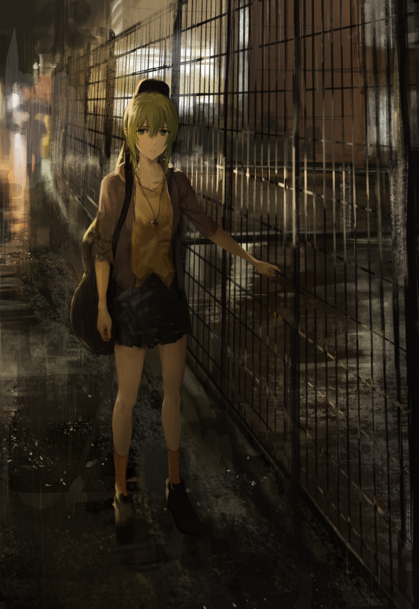 1girl absurdres black_skirt commentary fence full_body green_eyes green_hair guitar_case gumi highres huge_filesize instrument_case instrument_on_back jewelry kneehighs light_frown looking_to_the_side medium_hair miniskirt necklace night outdoors pleated_skirt rain realistic satou_koromi skirt solo umbrella vocaloid