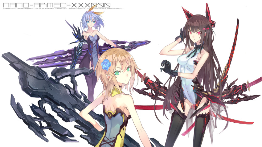 3girls back black_gloves black_legwear blonde_hair blue_eyes blue_hair breasts brown_hair cleavage gloves green_eyes highres katana leotard long_hair looking_at_viewer mecha_musume multiple_girls nano_(pixiv5583738) original sheath sheathed short_hair sideboob simple_background sleeveless sword thigh-highs weapon white_background