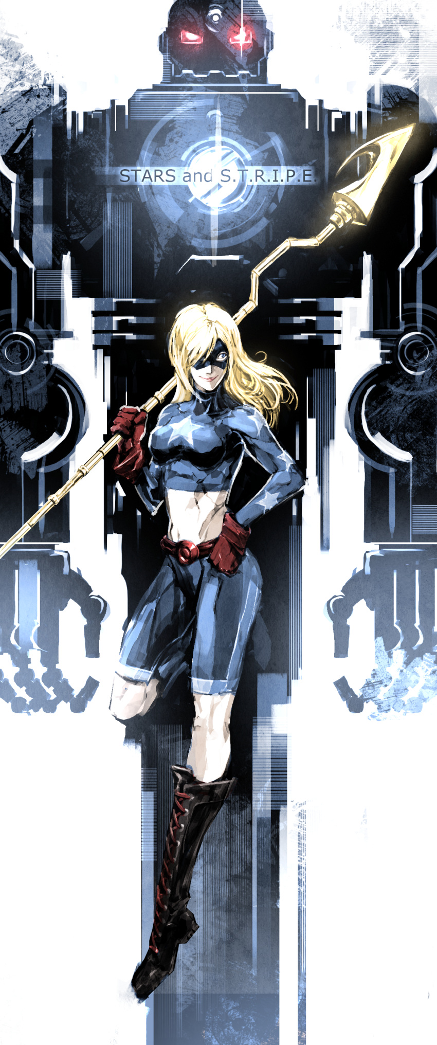 1girl absurdres belt black_boots blonde_hair blue_eyes boots cross-laced_footwear dc_comics gloves glowing glowing_eyes hair_over_one_eye highres knee_boots lace-up_boots long_hair mask midriff naratani navel red_eyes robot s.t.r.i.p.e. solo staff star stargirl white_background