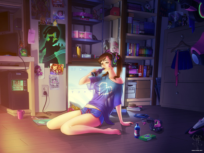 1girl :d alternate_hairstyle arm_support bare_shoulders barefoot black-framed_eyewear blue_coat blue_gloves blue_shirt blue_skirt bodysuit book bookshelf bottle box breasts brown_eyes brown_hair cable cellphone charm_(object) chips coat comic computer controller cup d.va_(gremlin) d.va_(overwatch) dark_skin dark_skinned_male doritos drinking facepaint facial_mark figure fur-trimmed_coat fur_jacket fur_trim game_console game_controller gamepad ganymede_(overwatch) glass_bottle glasses glasses_removed gloves goggles grin groin gun hair_brush hairlocs handgun handheld_game_console headphones heart_print holding holding_bottle holding_glasses julia_lichty leaning_back lips long_hair lucio_(overwatch) mccree_(overwatch) medium_breasts mei_(overwatch) mercy_(overwatch) necktie off_shoulder open_mouth overwatch pencil pencil_case phone photo_(object) pink_lips pink_necktie pleated_skirt plug pose poster_(object) scissors see-through shirt short_shorts short_sleeves shorts sidelocks signature sitting skirt smartphone smile solo spread_wings stuffed_animal stuffed_octopus stuffed_toy twintails v visor wardrobe wariza watermark weapon web_address whisker_markings wings