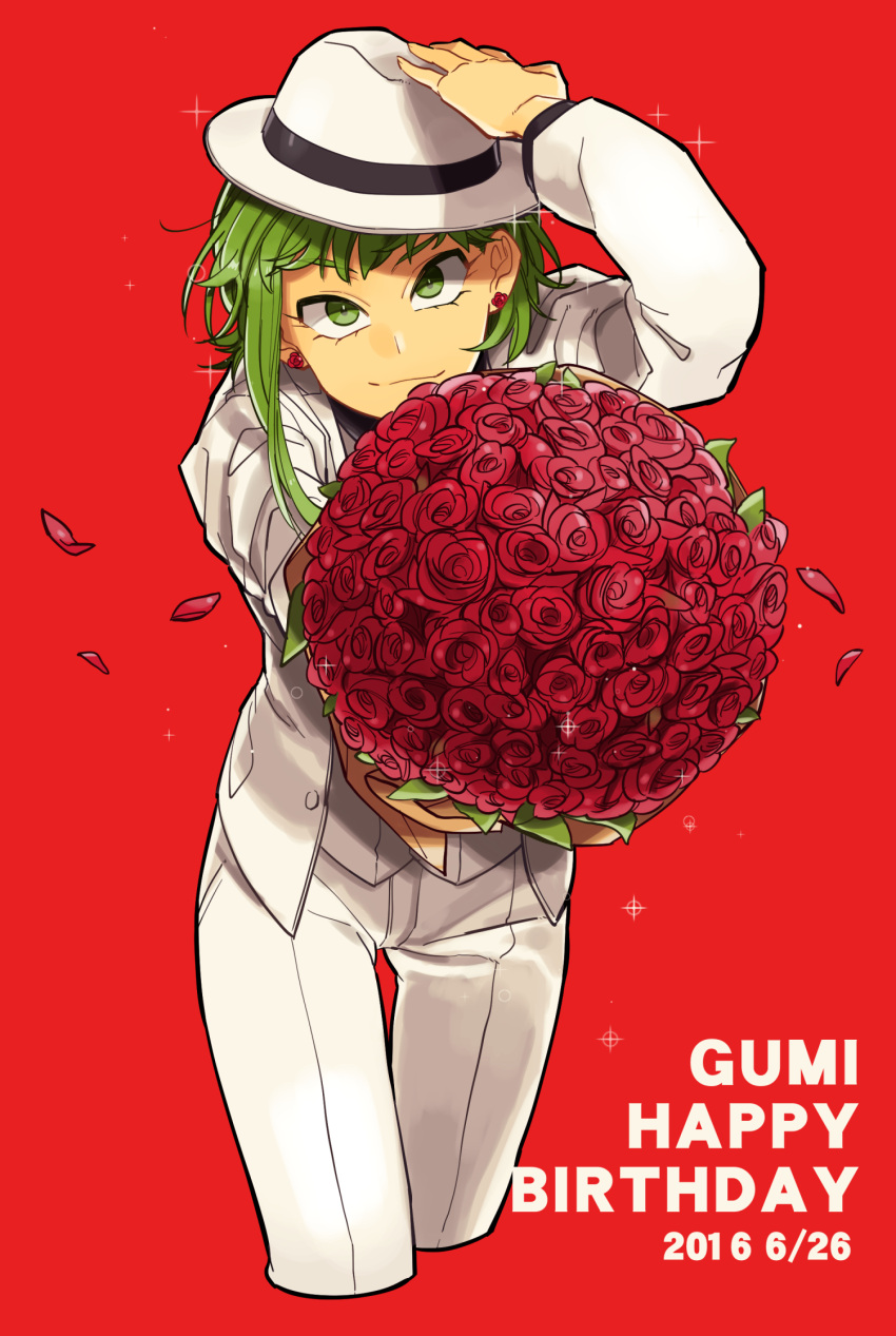 1girl 2016 adjusting_clothes adjusting_hat bangs bouquet character_name cropped_legs crossdressinging dated earrings fedora flower foreshortening formal green_eyes green_hair gumi hand_on_headwear happy_birthday haru_(oomr005) hat hat_ribbon head_tilt highres incoming_gift jacket jewelry knees_together long_sleeves looking_at_viewer matching_hair/eyes pants petals presenting red_background red_rose ribbon rose rose_earrings short_hair_with_long_locks simple_background smile solo sparkle stud_earrings suit thigh_gap tsurime vocaloid white_hat white_jacket white_pants white_suit