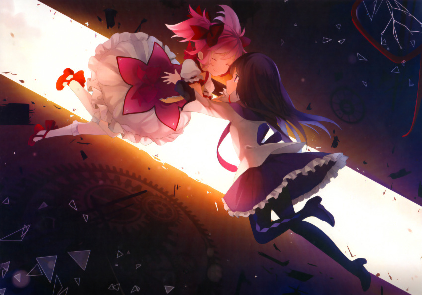 2girls akemi_homura black_hair falling filtered highres hitsukuya huge_filesize kaname_madoka kneehighs long_hair mahou_shoujo_madoka_magica multiple_girls pantyhose pink_hair rotated scan short_hair