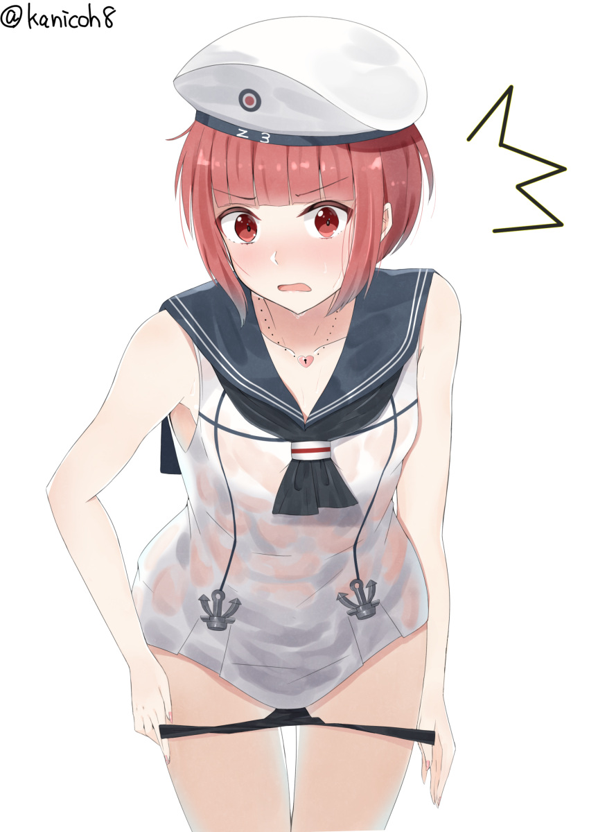 1girl absurdres bangs bare_shoulders bending_forward brown_hair clothes_writing dress eyebrows eyebrows_visible_through_hair hat highres jewelry kanikou kantai_collection necklace no_pants open_mouth panties panty_pull sailor_collar sailor_dress sailor_hat simple_background sleeveless solo twitter_username underwear undressing wet wet_clothes white_background white_dress white_hat z3_max_schultz_(kantai_collection)
