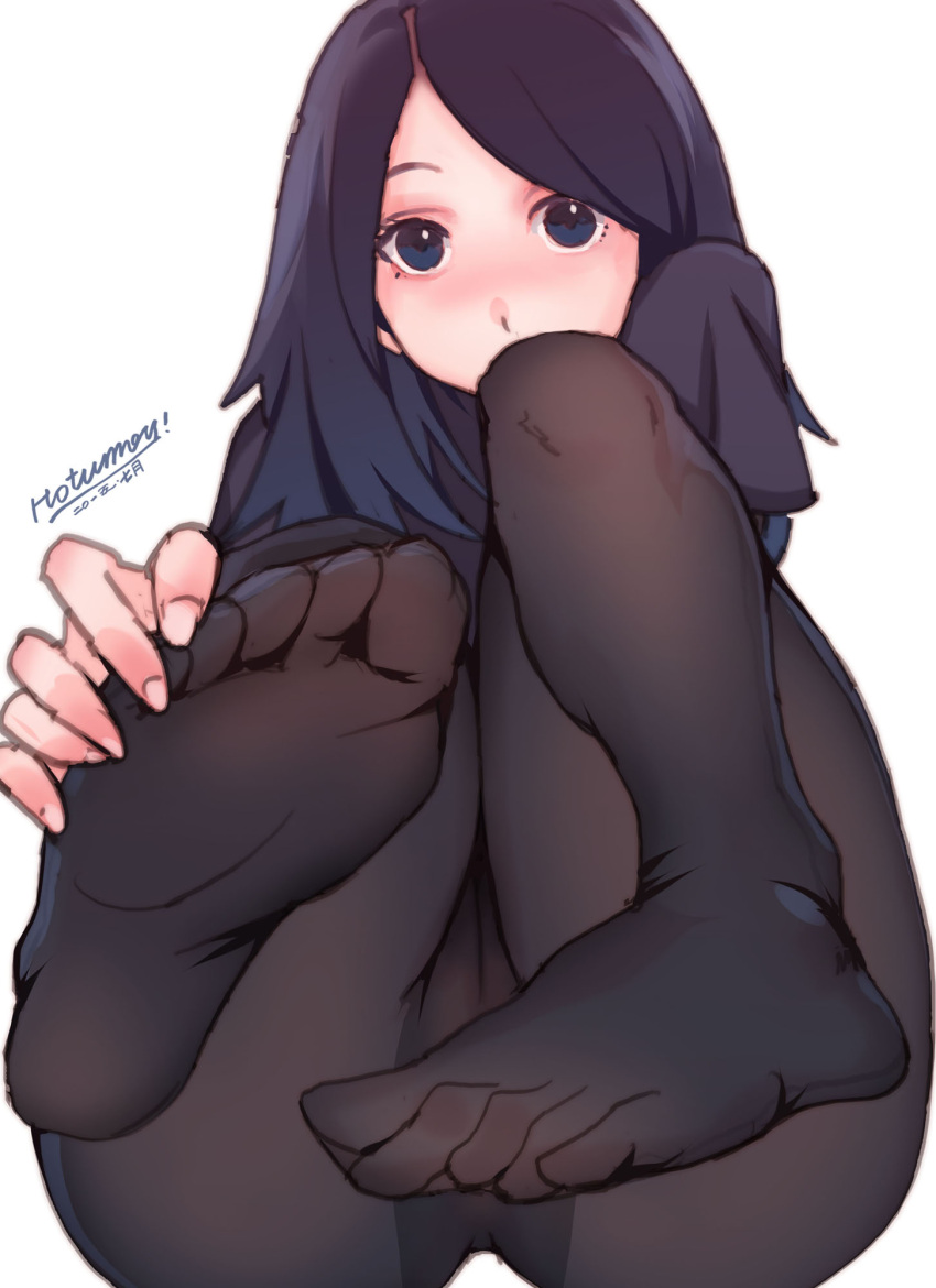 1girl artist_request blue_eyes blue_hair blush feet hands_on_feet highres long_hair looking_at_viewer no_shoes pantyhose pov pov_feet sitting soles source_request toes white_background