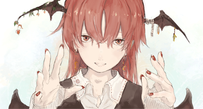 1girl bangs bat_wings black_wings blush crescent crescent_earrings earrings face gradient gradient_background grin hair_between_eyes head_wings jewelry koakuma long_hair looking_at_viewer multiple_wings nail_polish outstretched_hand palms portrait profile red_eyes redhead shirt sketch smile solo stitches touhou vest wing_ornament wings yushika