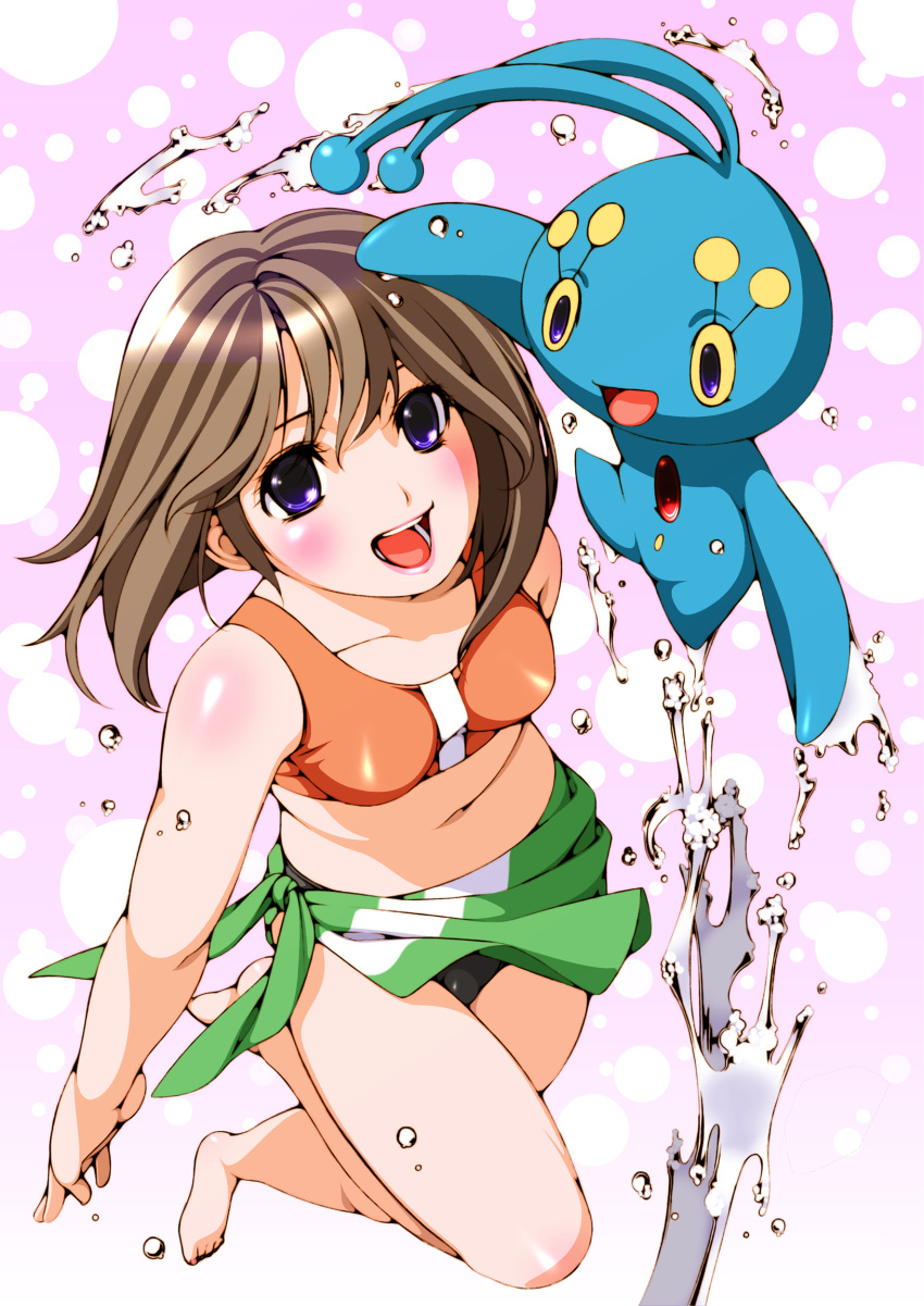 1girl bad_id bandana bandana_removed bare_shoulders barefoot bikini blue_eyes blush brown_hair haruka_(pokemon) haruka_(pokemon)_(remake) highres lipstick manaphy midriff navel pokemon pokemon_(creature) pokemon_(game) pokemon_rse short_hair smile swimsuit water yagitori