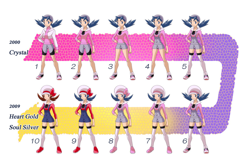 blue_hair brown_hair cabbie_hat comparison crystal_(pokemon) evolution hat hat_ribbon kotone_(pokemon) nintendo otsukare overalls pokemon pokemon_(game) pokemon_gsc pokemon_heartgold_and_soulsilver red_ribbon ribbon shoes short_twintails sneakers thigh-highs thighhighs twintails zettai_ryouiki