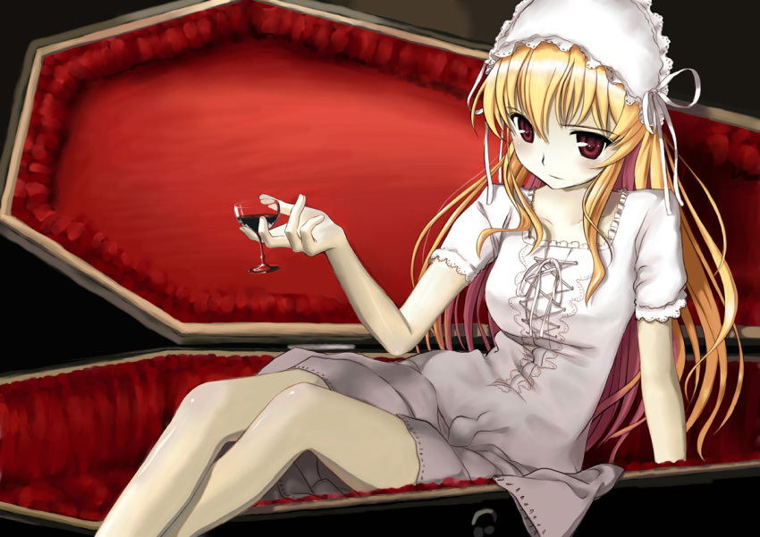 blood coffin cupping_glass drink fortune_arterial glass hands headdress long_hair mocha red_eyes sendou_erika vampire wine