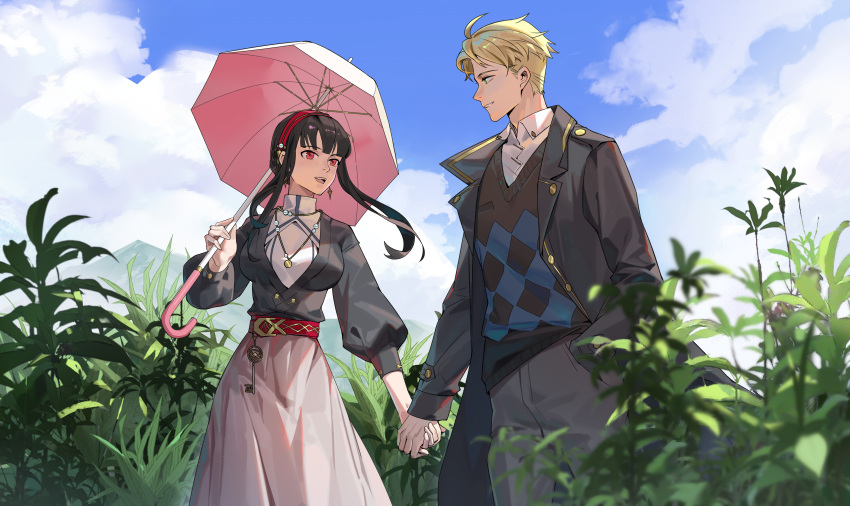 1boy 1girl absurdres beishang_yutou black_coat black_hair black_sweater blonde_hair blue_sky breasts clouds coat collared_shirt couple day dress_shirt green_eyes grey_pants grey_skirt hairband hand_in_pocket hetero highres holding holding_hands holding_umbrella jewelry long_skirt medium_breasts necklace open_clothes open_coat outdoors pants parted_lips pink_umbrella profile red_eyes red_hairband shirt short_hair short_hair_with_long_locks sidelocks skirt sky spy_x_family standing sweater twilight_(spy_x_family) umbrella white_shirt wing_collar yor_briar