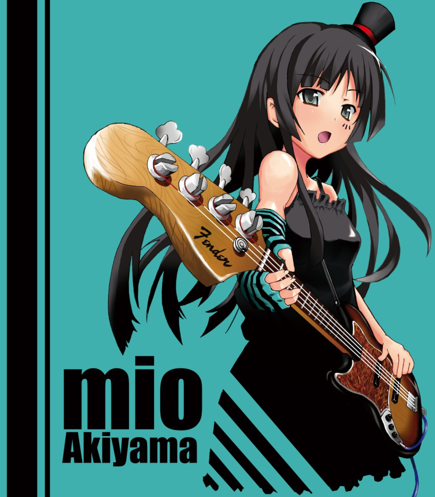 bangs bass_guitar black_hair blue_eyes blunt_bangs don't_say_lazy don't_say_"lazy" dress face_paint facepaint fingerless_gloves gloves hat highres hime_cut instrument k-on! long_hair mini_top_hat solo striped striped_gloves takumi_rohan top_hat