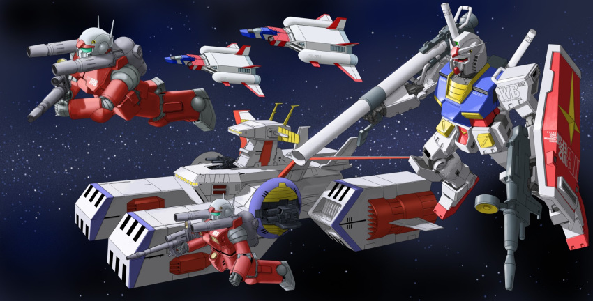 battleship bazooka beam_rifle core_booster core_fighter gun guncannon gundam highres mecha mobile_suit_gundam rx-78-2 shield space weapon white_base