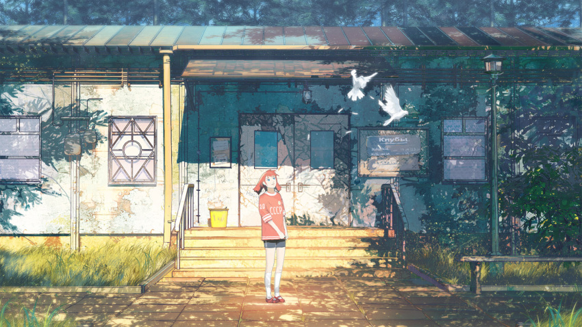 bird blue_eyes building day erogame_project grass lamp_post lamppost red_hair redhead shirt shoes short_hair shorts tree twintails ulyana_(everlasting_summer) ussr-tan