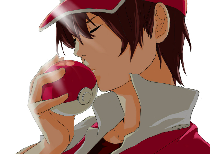 bad_id baseball_cap black-hachi brown_hair closed_eyes hat holding holding_poke_ball kiss male poke_ball pokemon pokemon_(game) red_(pokemon) short_hair simple_background solo sunlight trucker_hat white_background