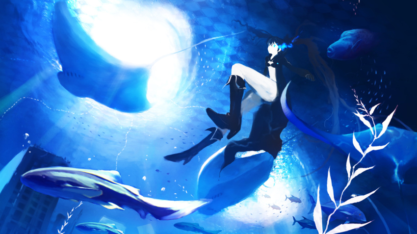 bikini_top black_hair black_rock_shooter black_rock_shooter_(character) blue blue_eyes boots building checkered city fish front-tie_top gloves glowing glowing_eyes hirokiku jacket knee_boots manta_ray shark short_shorts shorts sunlight twintails underwater uneven_twintails