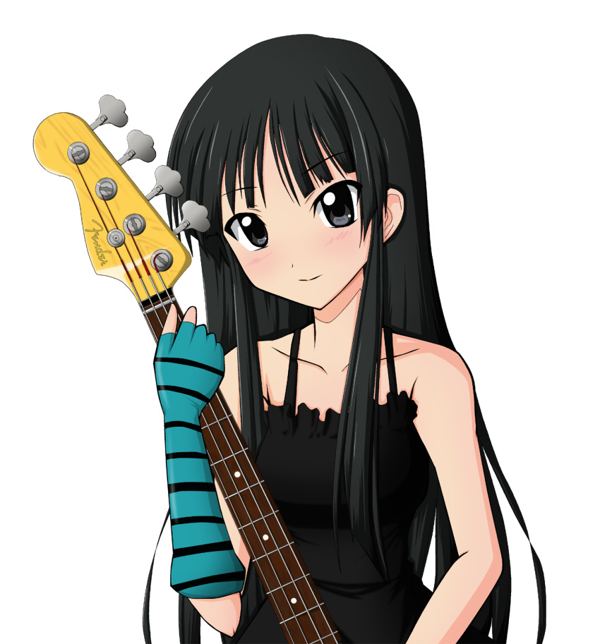 bare_shoulders bass_guitar black_hair don't_say_lazy don't_say_"lazy" dress fingerless_gloves gloves grey_eyes guitar highres instrument k-on! long_hair single_glove solo su-35_(artist)