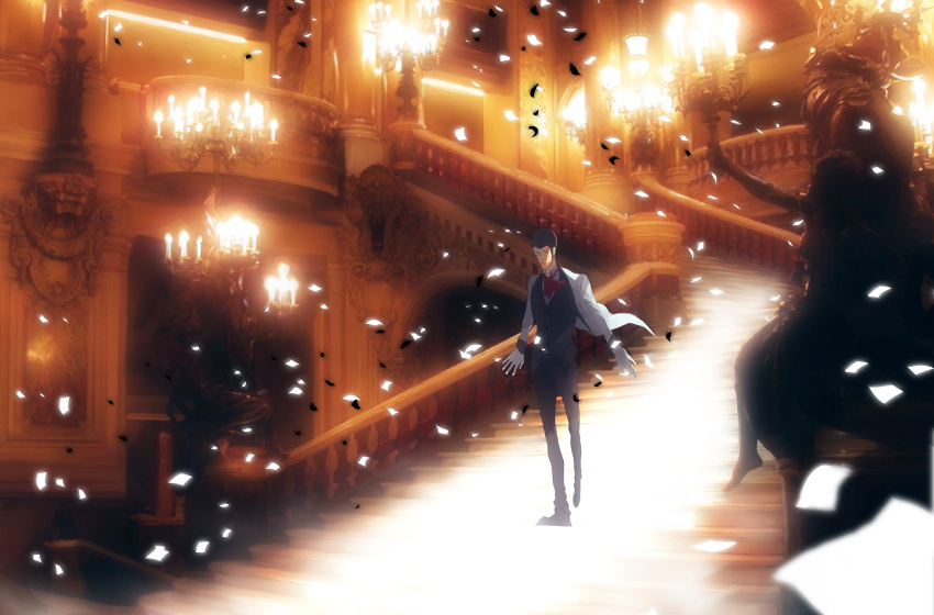 bad_id chandelier confetti formal gloves highres lupin_iii male mask parody phantom_of_the_opera stairs suit wallpaper zz