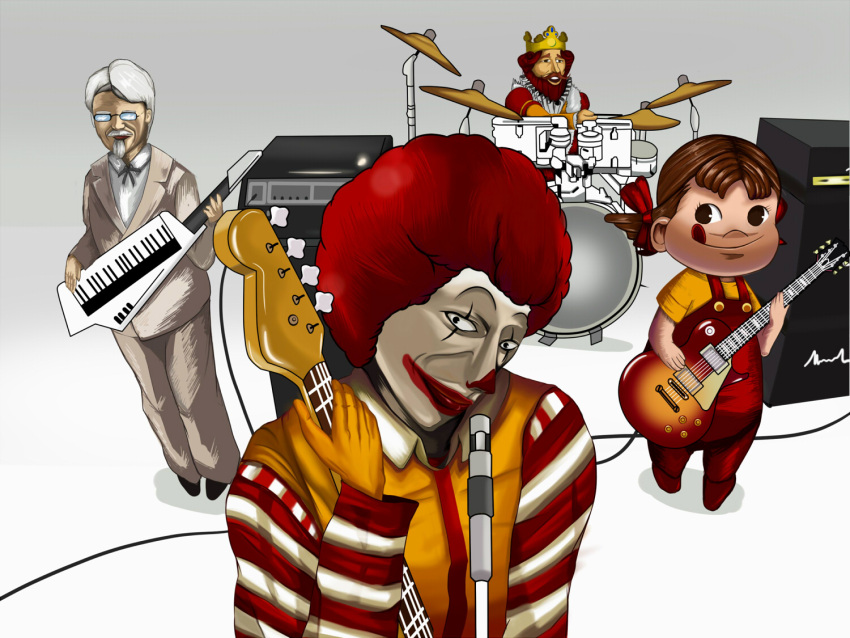 afro amplifier bass_guitar burger_king clown colonel_sanders creepy crown don't_say_lazy don't_say_"lazy" drum drum_set eroke glasses guitar head_tilt instrument k-on! keyboard keytar kfc kfc_(company) mcdonald's mcdonald's mcdonalds microphone microphone_stand parody peko-chan ronald_mcdonald satire speaker striped the_king tongue