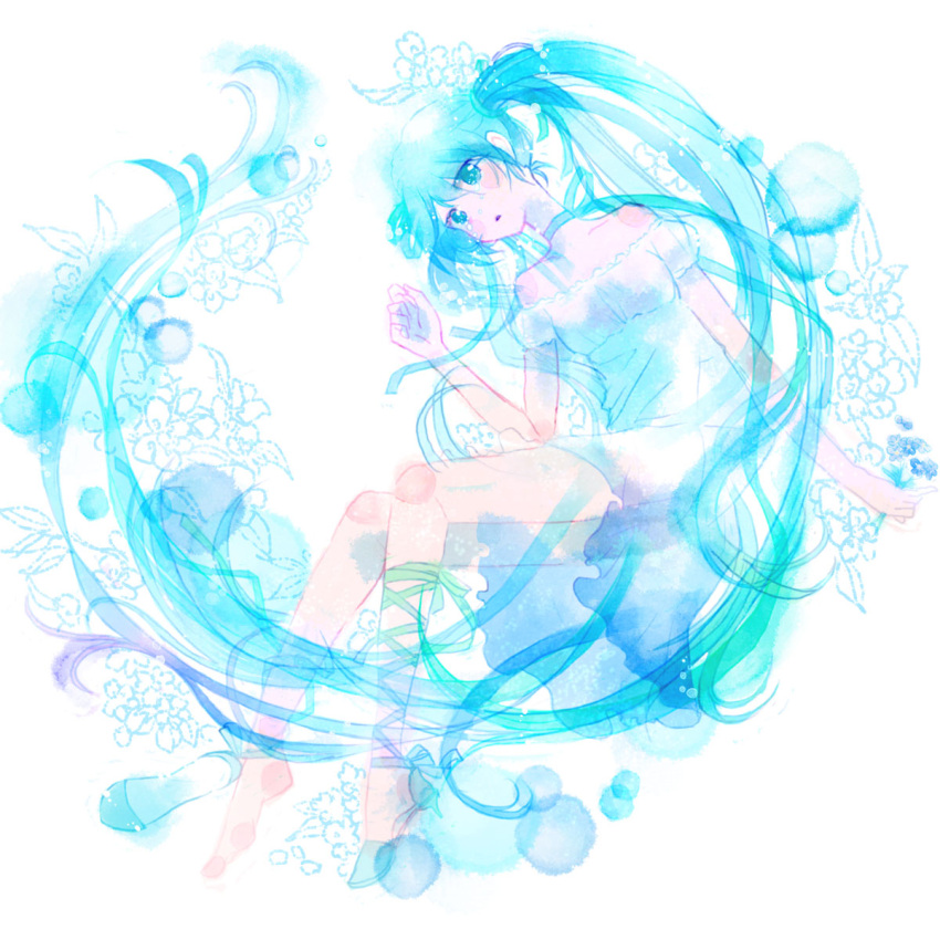 aqua_hair dress flower hatsune_miku highres long_hair one_shoe ribbon single_shoe tears twintails very_long_hair vocaloid yoshida_yoshitsugi yoshitsugi