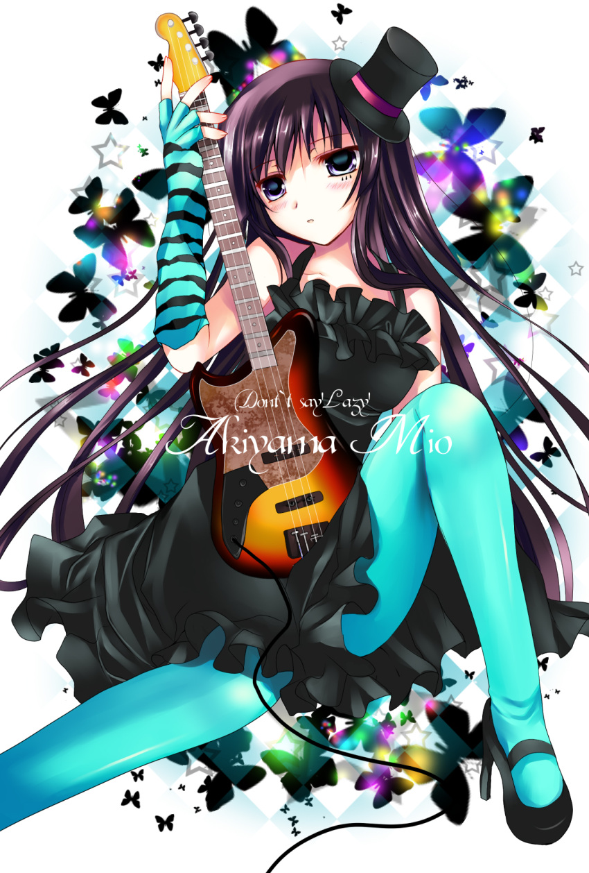 azumi_kazuki bangs bass_guitar black_hair blue_eyes blue_legwear blunt_bangs blush butterfly don't_say_lazy don't_say_"lazy" dress face_paint facepaint fingerless_gloves gloves hat high_heels highres hime_cut instrument k-on! long_hair mini_top_hat pantyhose shoes solo striped striped_gloves top_hat