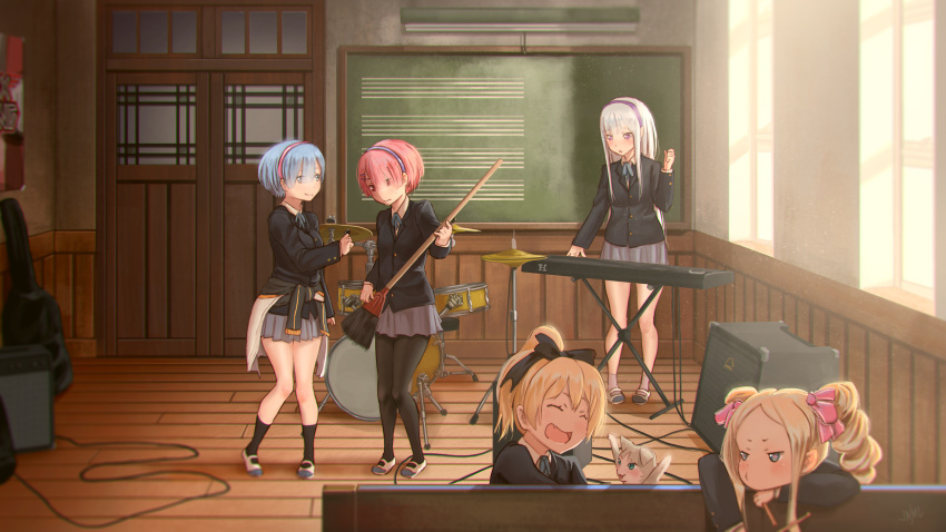 5girls :o ^_^ animal aqua_eyes arm_at_side arms_up bangs beatrice_(re:zero) black_ribbon blazer blonde_hair blue_eyes blue_hair blue_ribbon blurry blush breasts broom cable cat chalkboard closed_eyes closed_mouth clothes_around_waist contemporary cosplay cymbals depth_of_field door dress_shirt drill_hair drum drum_set drumsticks electric_organ elf emilia_(re:zero) fang felt_(re:zero) flat_chest floor grey_legwear grey_skirt guitar guitar_case hair_ornament hair_over_one_eye hair_ribbon hairband head_rest highres holding holding_broom indoors instrument instrument_case jacket jacket_around_waist k-on! keyboard_(instrument) kneehighs knees_together_feet_apart laughing legs_together light_particles long_hair long_sleeves looking_at_another medium_breasts multiple_girls music neck_ribbon outstretched_hand pack_(re:zero) pantyhose parody pink_hair playing_instrument pleated_skirt plectrum pointy_ears ponytail poster_(object) pout ram_(re:zero) re:zero_kara_hajimeru_isekai_seikatsu red_eyes rem_(re:zero) ribbon school school_uniform seiyuu_connection sheet_music shirt shoes short_hair siblings silver_hair sisters skirt small_breasts smile speaker standing steamy_tomato symbol-shaped_pupils track_jacket twin_drills twins uwabaki violet_eyes wall white_shirt window wooden_floor