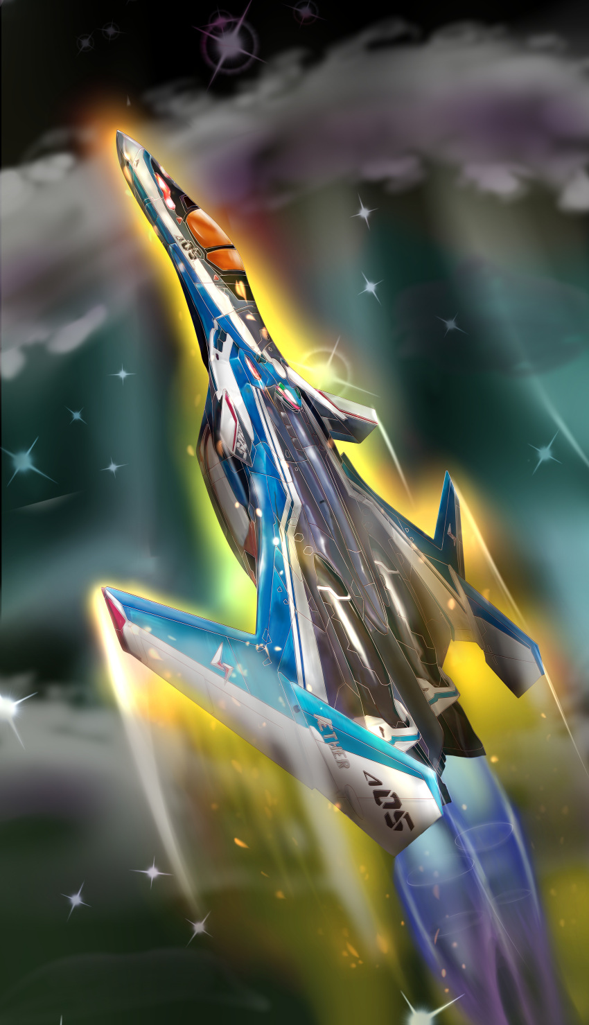 absurdres afterburner canards clouds condensation_trail energy flying glowing highres macross macross_delta mecha mr_lobster sparkle star_(sky) variable_fighter vf-31 vf-31_siegfried vf-31j