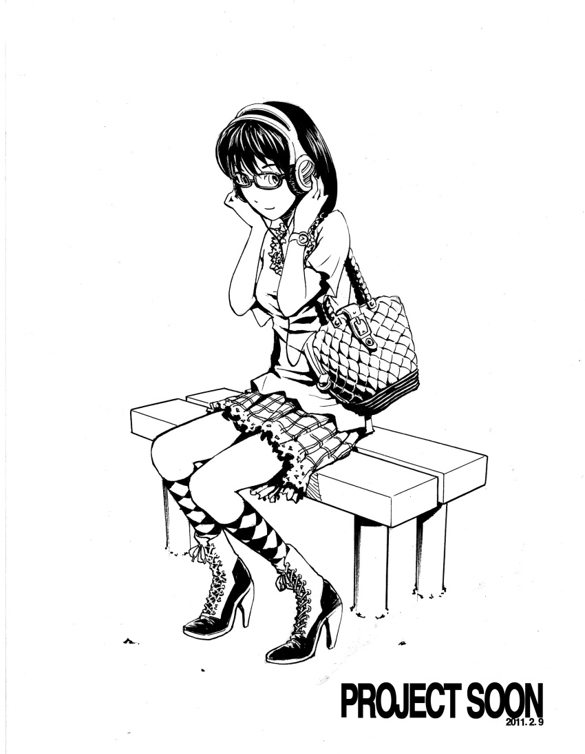 1girl boots female full_body glasses high_heel_boots high_heels listening looking_at_viewer monochrome plaid_skirt simple_background sitting skirt solo tnsdl85 white_background
