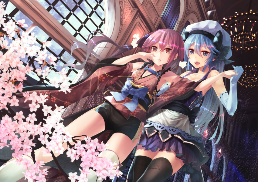 2girls blue_eyes blue_hair bow chandelier cherry_blossoms detached_sleeves dutch_angle elbow_gloves flower from_below gloves hand_holding hat highres indoors japanese_clothes long_hair looking_at_viewer mob_cap multiple_girls original red_eyes redhead saraki short_shorts shorts side_slit skirt thigh-highs window zettai_ryouiki
